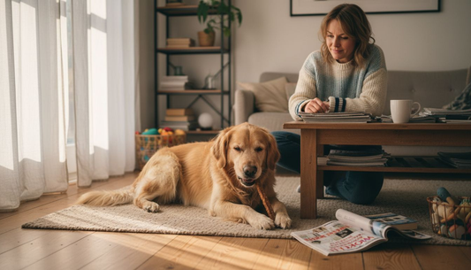 De hond ligt lekker in de woonkamer op zijn kauwbot te knabbelen.