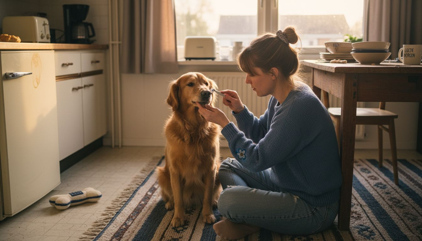 In de keuken staat de hond rustig terwijl zijn baasje voorzichtig zijn tanden poetst.