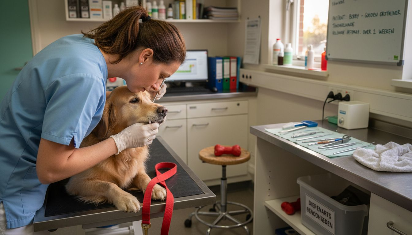 Een dierenarts bekijkt het gebit van een hond zorgvuldig met speciale instrumenten.