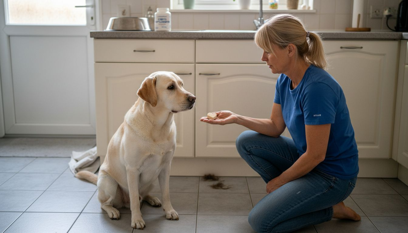 In de keuken geeft een vrouw haar labrador een supplement voor het gebit.