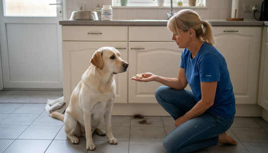 In de keuken geeft een vrouw haar labrador een supplement voor het gebit.