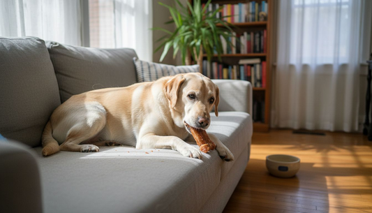 Een labrador ligt lekker in de zon te knabbelen op een bot in de woonkamer.