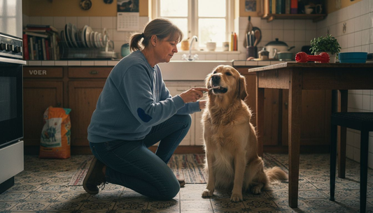 Een vrouw maakt thuis het gebit van haar hond schoon.