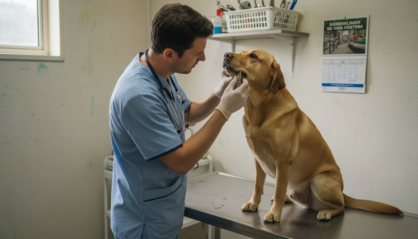 De dierenarts bekijkt het gebit van de hond zorgvuldig.