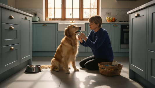 Een vrouw maakt de tanden van haar golden retriever schoon.