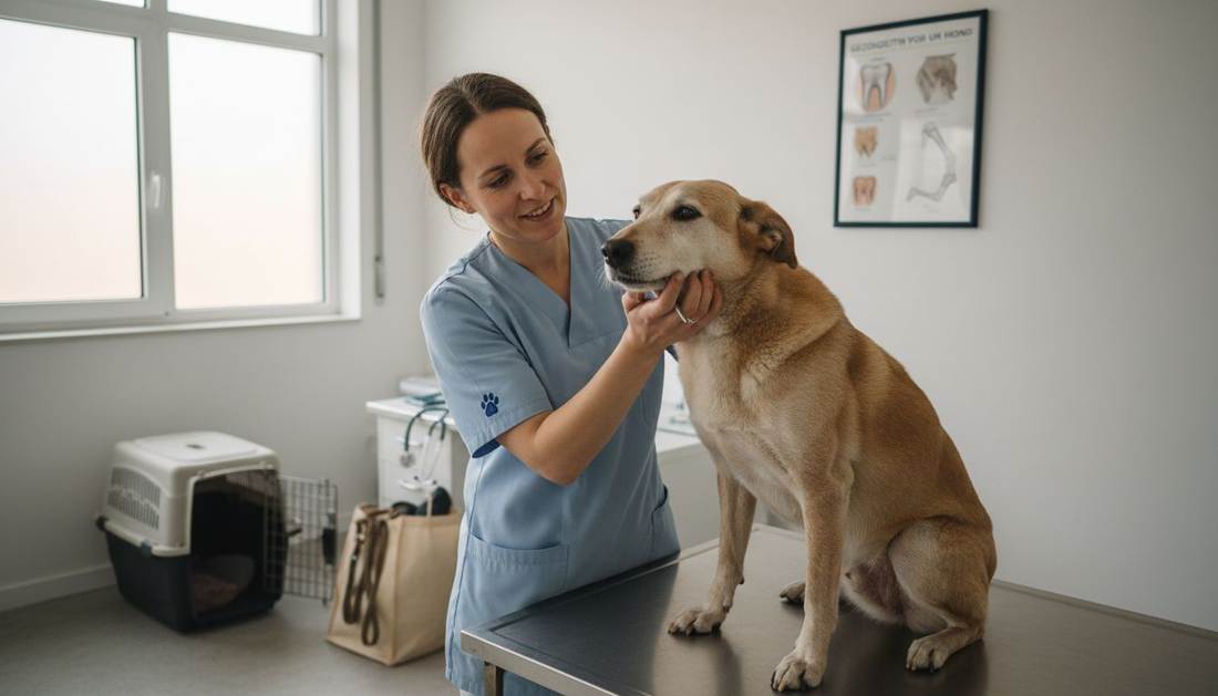 Een dierenarts kijkt het gebit van een asielhond na.
