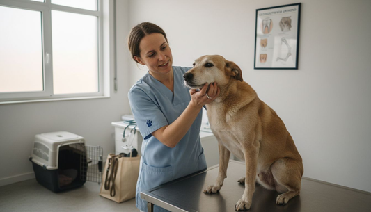 Een dierenarts kijkt het gebit van een asielhond na.