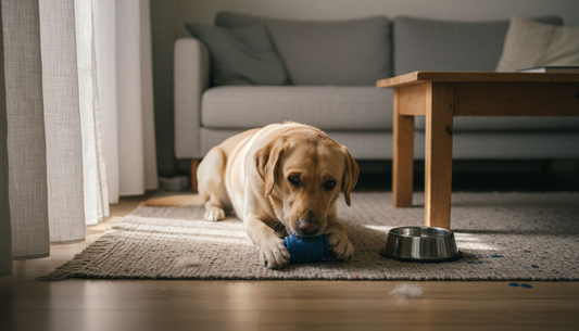 Een Labrador is lekker aan het kauwen op een rubberen speeltje.