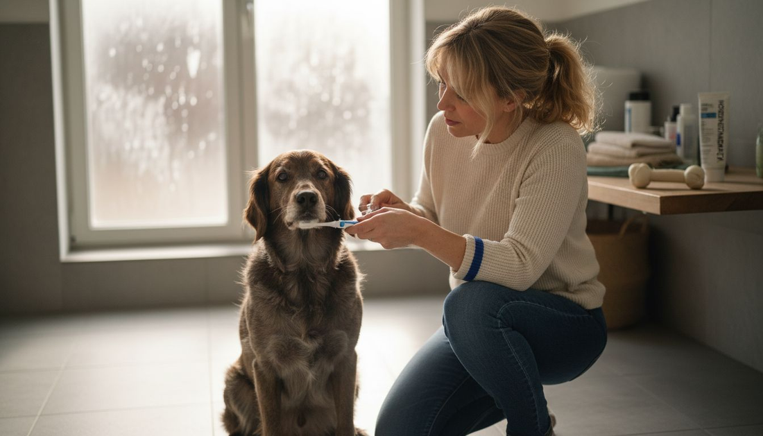 Baasje poetst de tanden van zijn hond