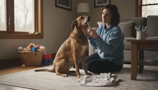 In de woonkamer geeft een vrouw haar hond een poetsbeurt voor z’n tanden.