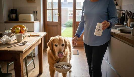 In een zonnige keuken smult een hond van zijn voer waar tandpoeder doorheen zit.