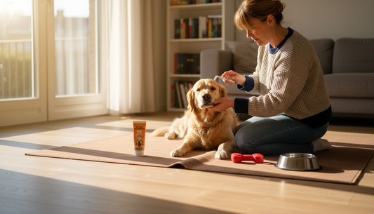 Een vrouw maakt thuis het gebit van haar hond schoon.