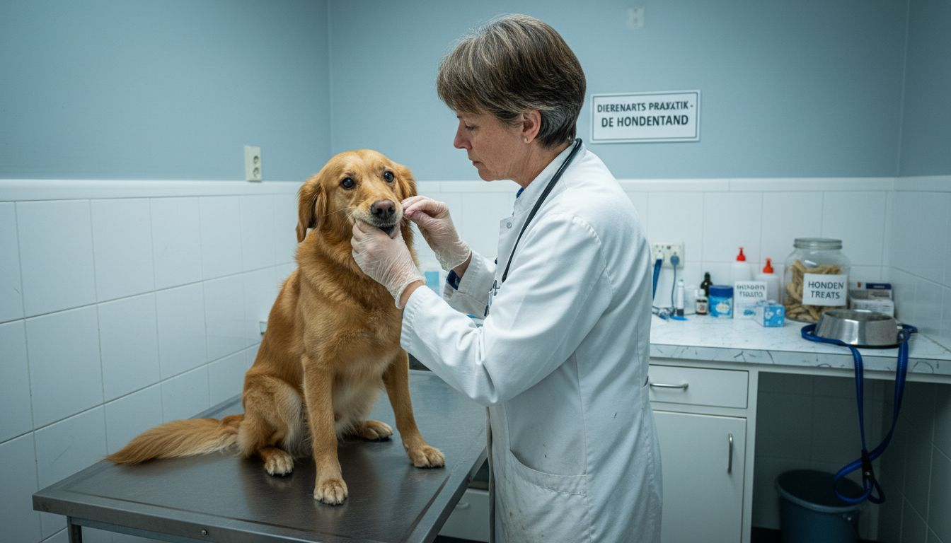 Een dierenarts bekijkt het gebit van een hond tijdens een controle in de praktijk.