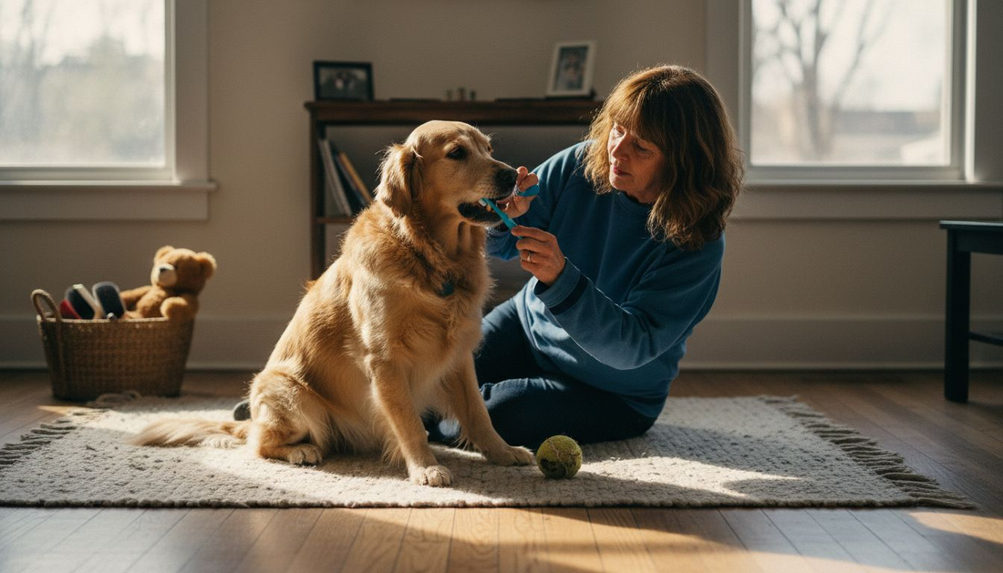 Een vrouw maakt de tanden van haar hond schoon terwijl ze samen op het tapijt zitten.
