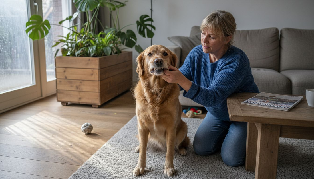 Een vrouw bekijkt de tanden van haar hond in de woonkamer.
