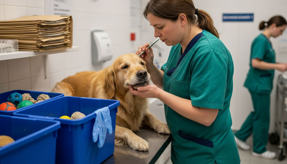 In de dierenkliniek bekijkt de dierenarts zorgvuldig het gebit van een hond.