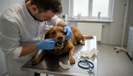 Bij de dierenkliniek wordt het gebit van de hond nagekeken door de dierenarts.