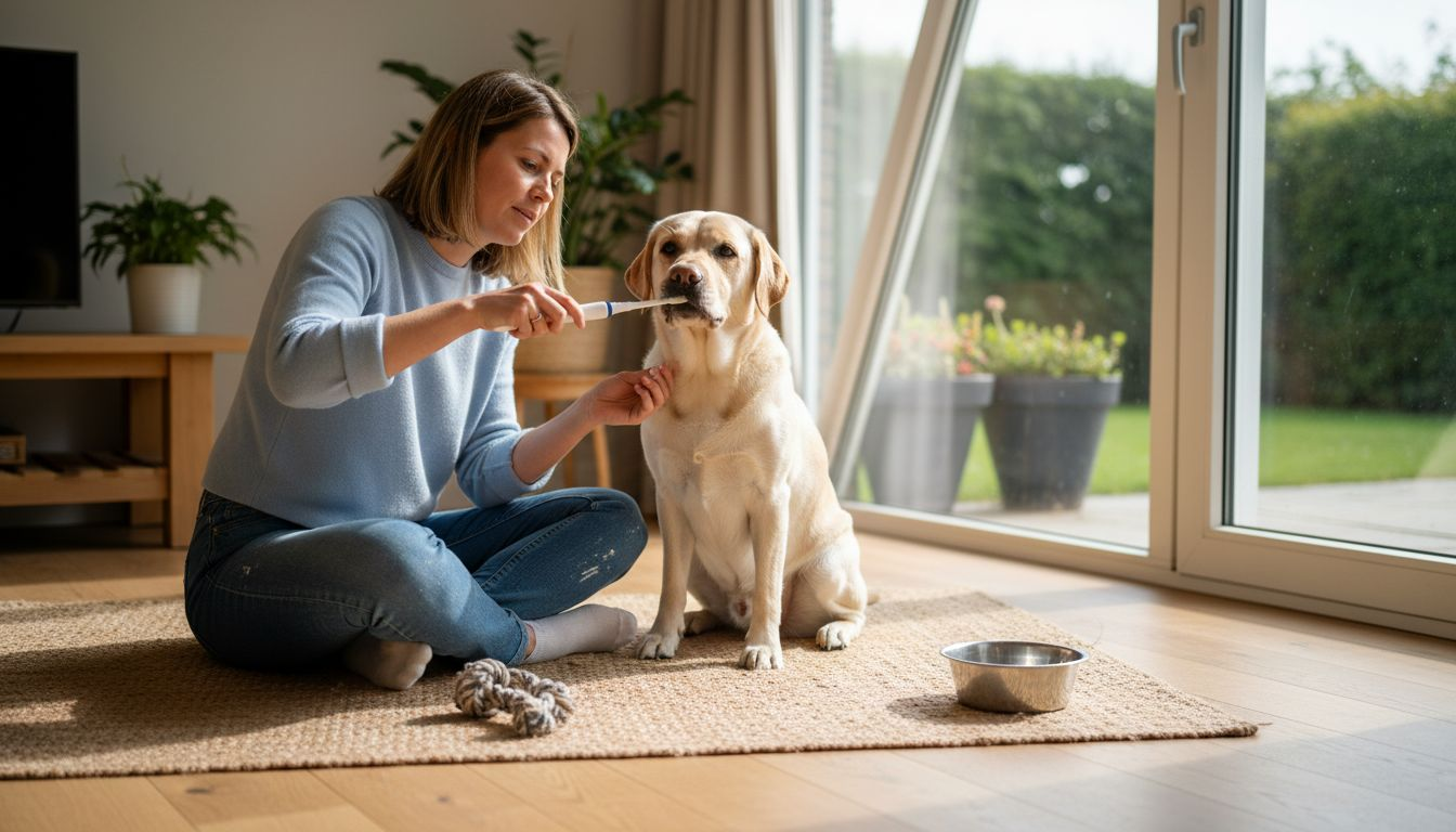 In de woonkamer geeft een vrouw haar labrador een poetsbeurt voor zijn tanden.