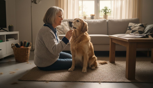 Een vrouw maakt de tanden van haar oudere hond schoon.