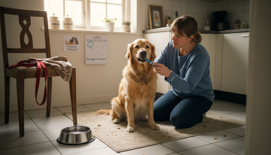 Een vrouw poetst de tanden van haar golden retriever in de keuken.