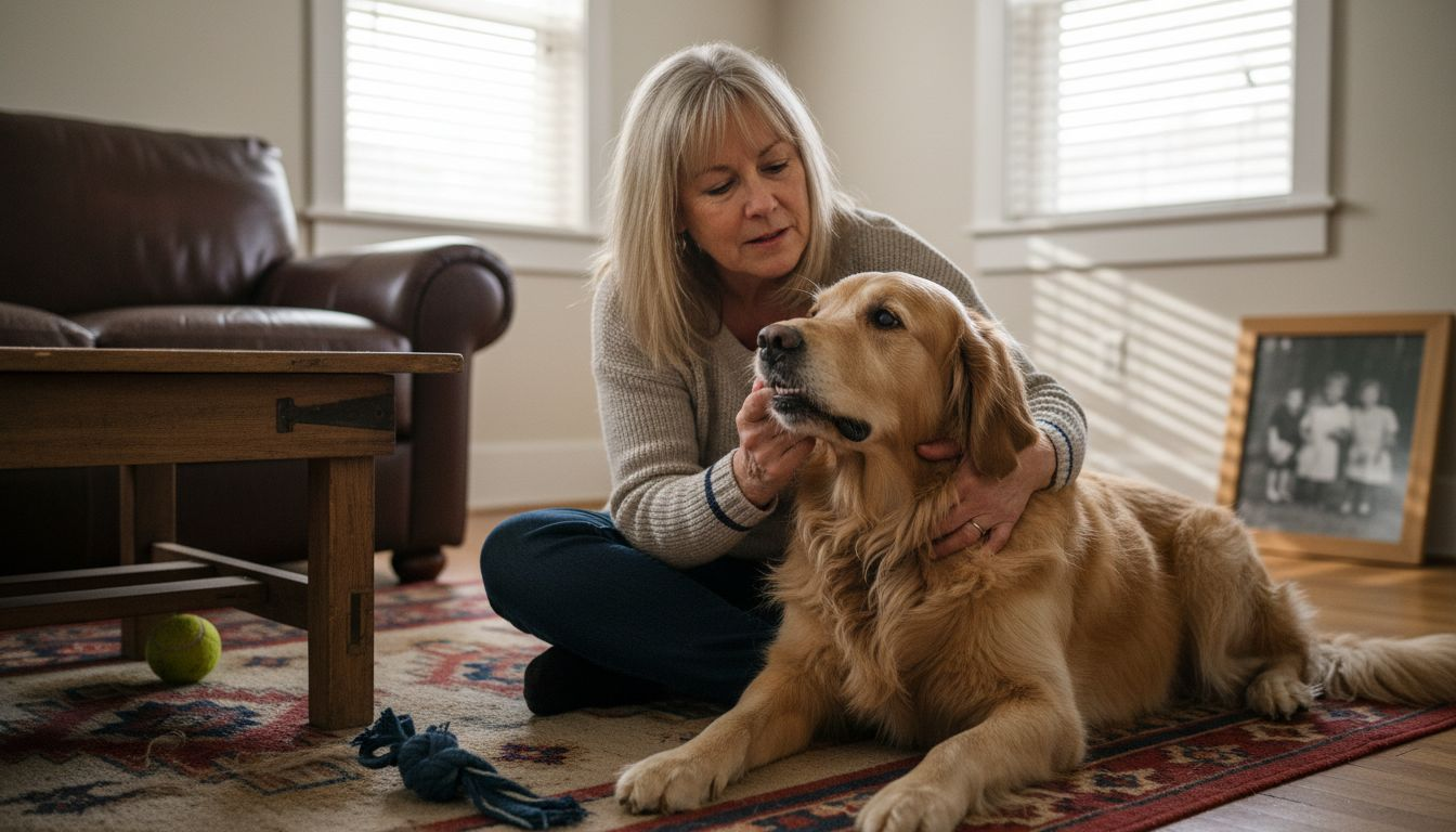 Een vrouw bekijkt het gebit van haar hond in de woonkamer.