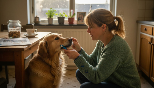 Een vrouw bekijkt het gebit van haar hond in de keuken.