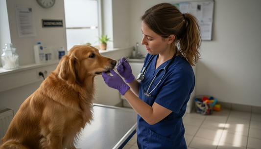Een dierenarts controleert het gebit van een hond tijdens het spreekuur.
