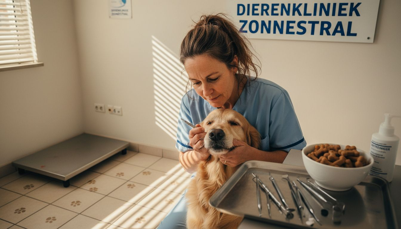 Dierenarts reinigt het gebit van een hond zonder narcose