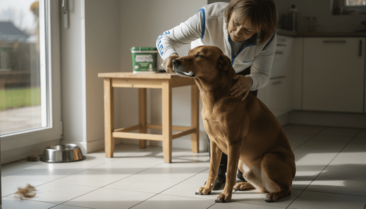Een vrouw is bezig de tanden van haar zittende hond te poetsen.