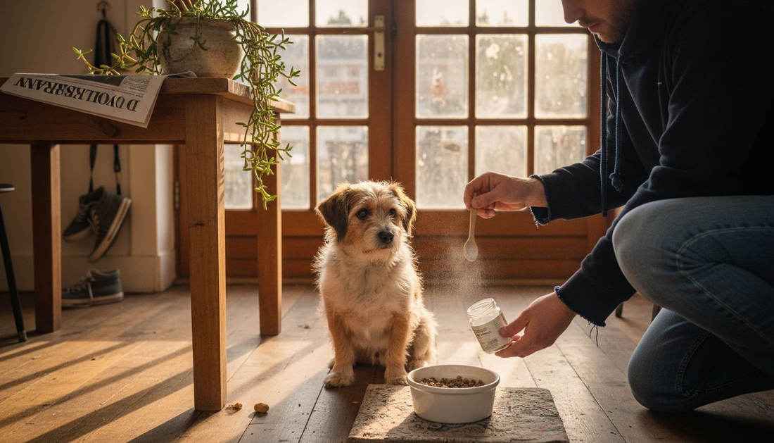 Het baasje poetst de tanden van zijn hond met tandpoeder.