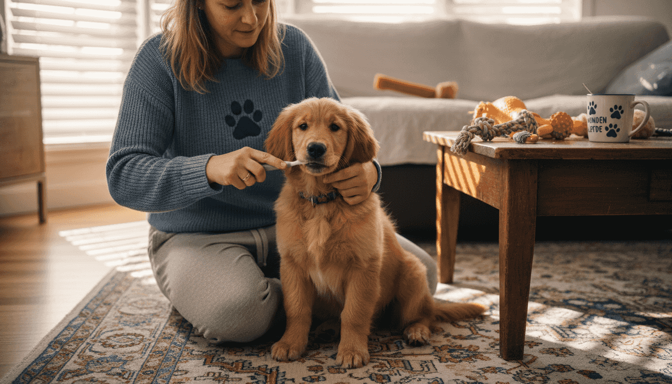 In een knusse woonkamer zit een vrouw liefdevol de tandjes van haar puppy te poetsen.