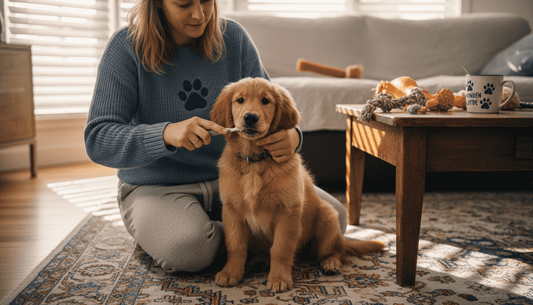 In een knusse woonkamer zit een vrouw liefdevol de tandjes van haar puppy te poetsen.