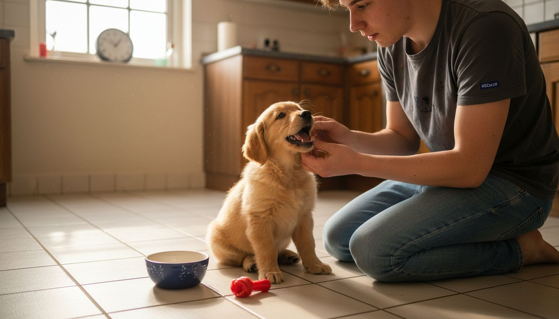 Baasje kijkt thuis even naar het gebit van de pup