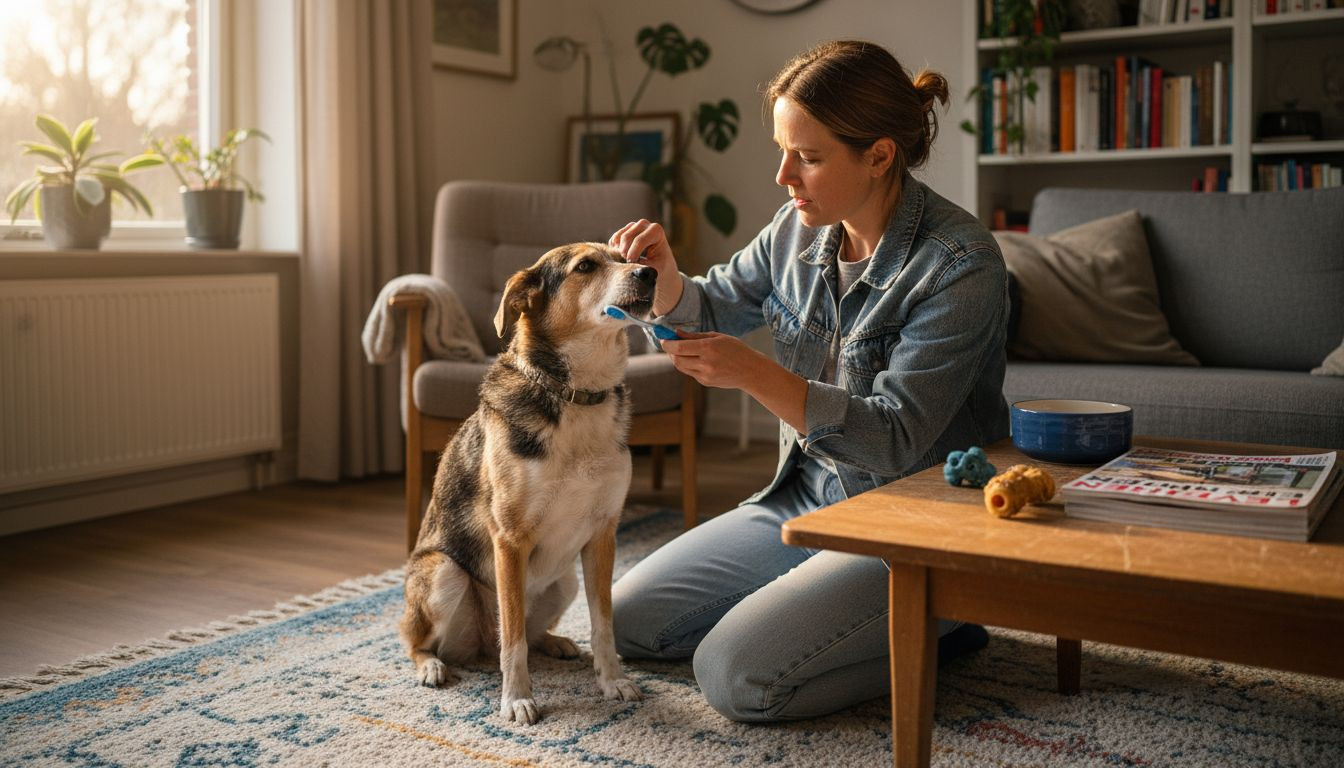 Een baasje poetst thuis de tanden van zijn hond.