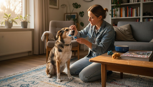 Een baasje poetst thuis de tanden van zijn hond.