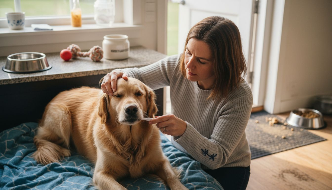 In de keuken krijgt de hond een grondige poetsbeurt voor zijn tanden