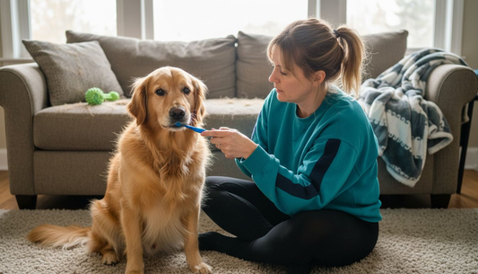 Een baasje dat thuis de tanden van zijn golden retriever poetst.