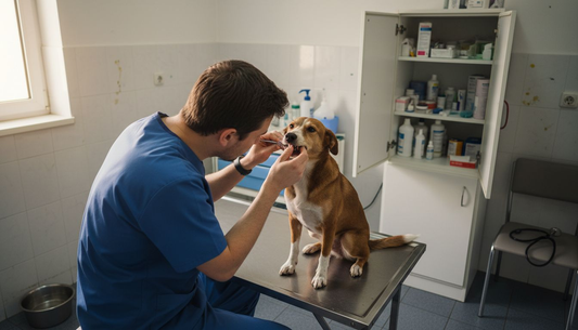 Een dierenarts bekijkt het gebit van een hond terwijl het dier op de behandeltafel ligt.