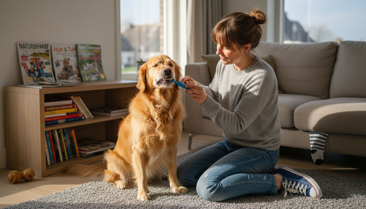 In de woonkamer geeft een vrouw haar hond een poetsbeurt aan zijn tanden.