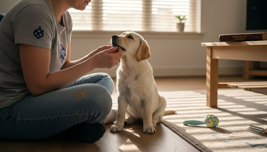 Een puppy laat geduldig zijn gebit controleren door zijn baasje.