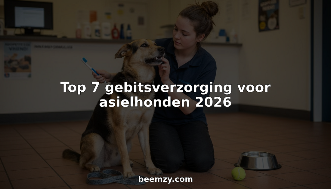 Een vrijwilliger van het asiel poetst de tanden van een hond in de ontvangstruimte.