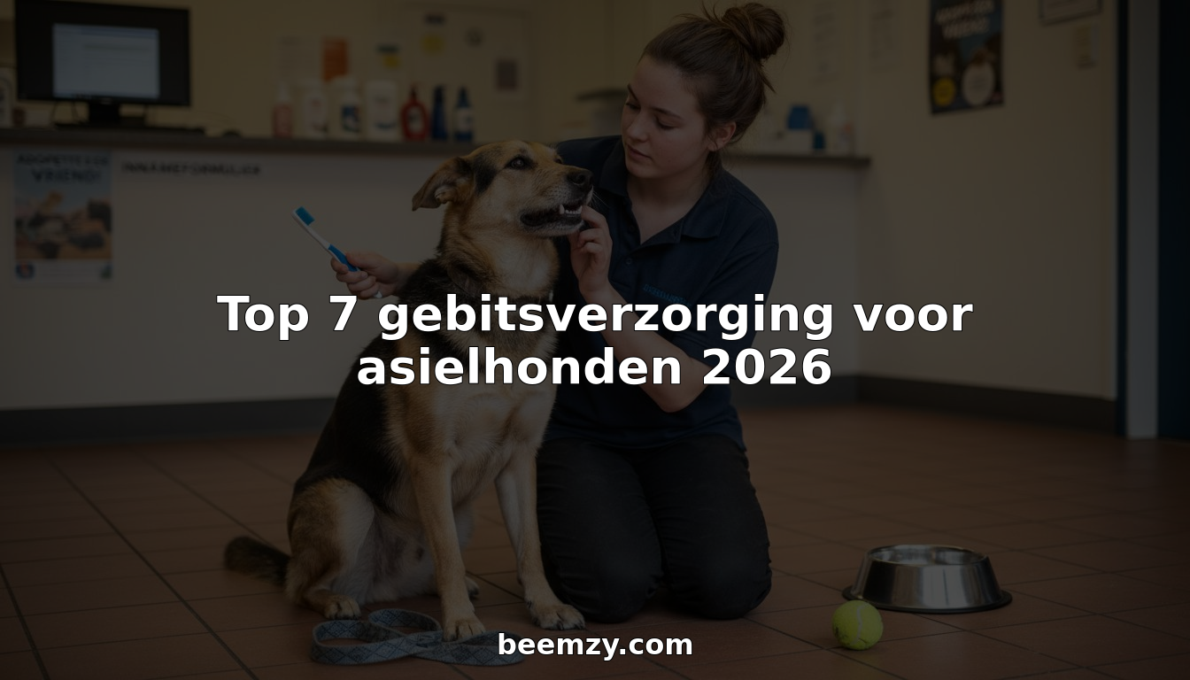 Een vrijwilliger van het asiel poetst de tanden van een hond in de ontvangstruimte.