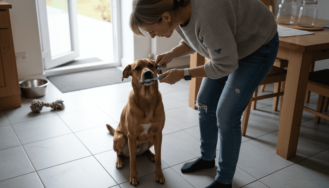 In de keuken krijgt de hond zijn tanden gepoetst.