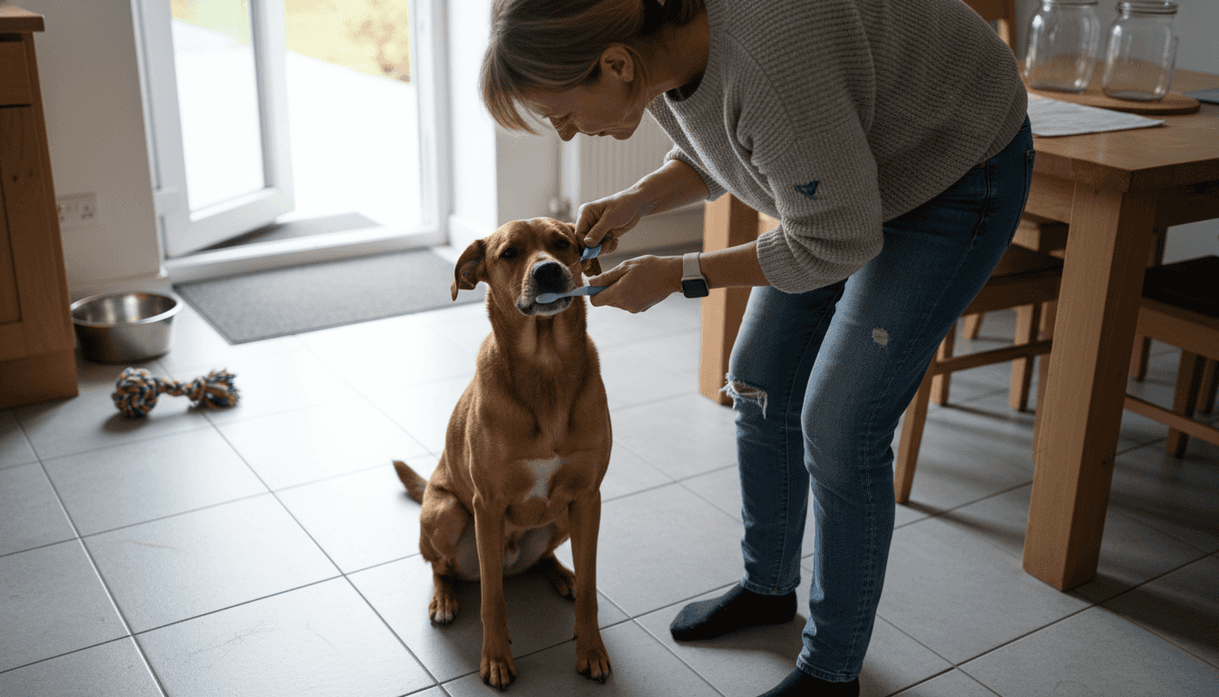 In de keuken krijgt de hond zijn tanden gepoetst.
