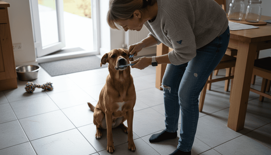 In de keuken krijgt de hond zijn tanden gepoetst.