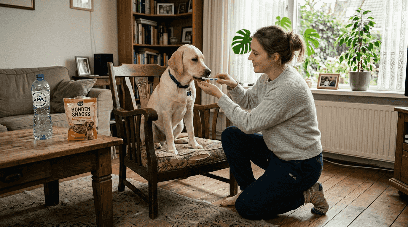 In een zonnige woonkamer maakt een vrouw de tanden van haar hond schoon.