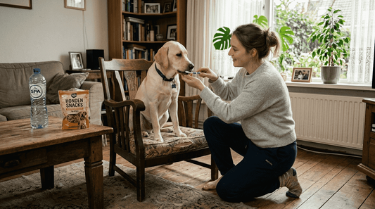 In een zonnige woonkamer maakt een vrouw de tanden van haar hond schoon.