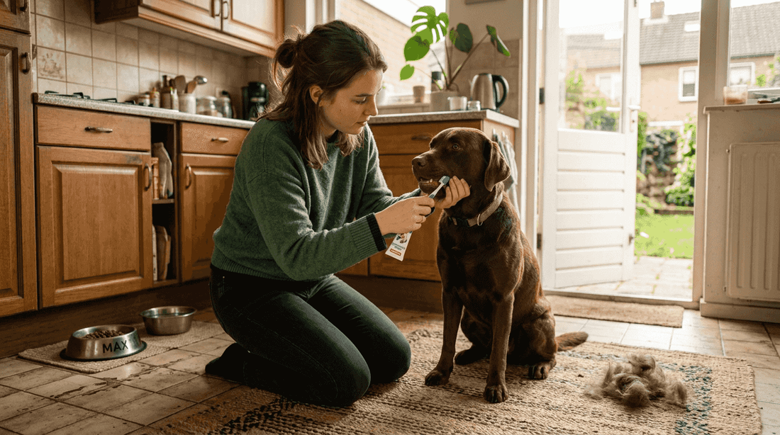 In de keuken staat een vrouw rustig de tanden van haar hond te poetsen.