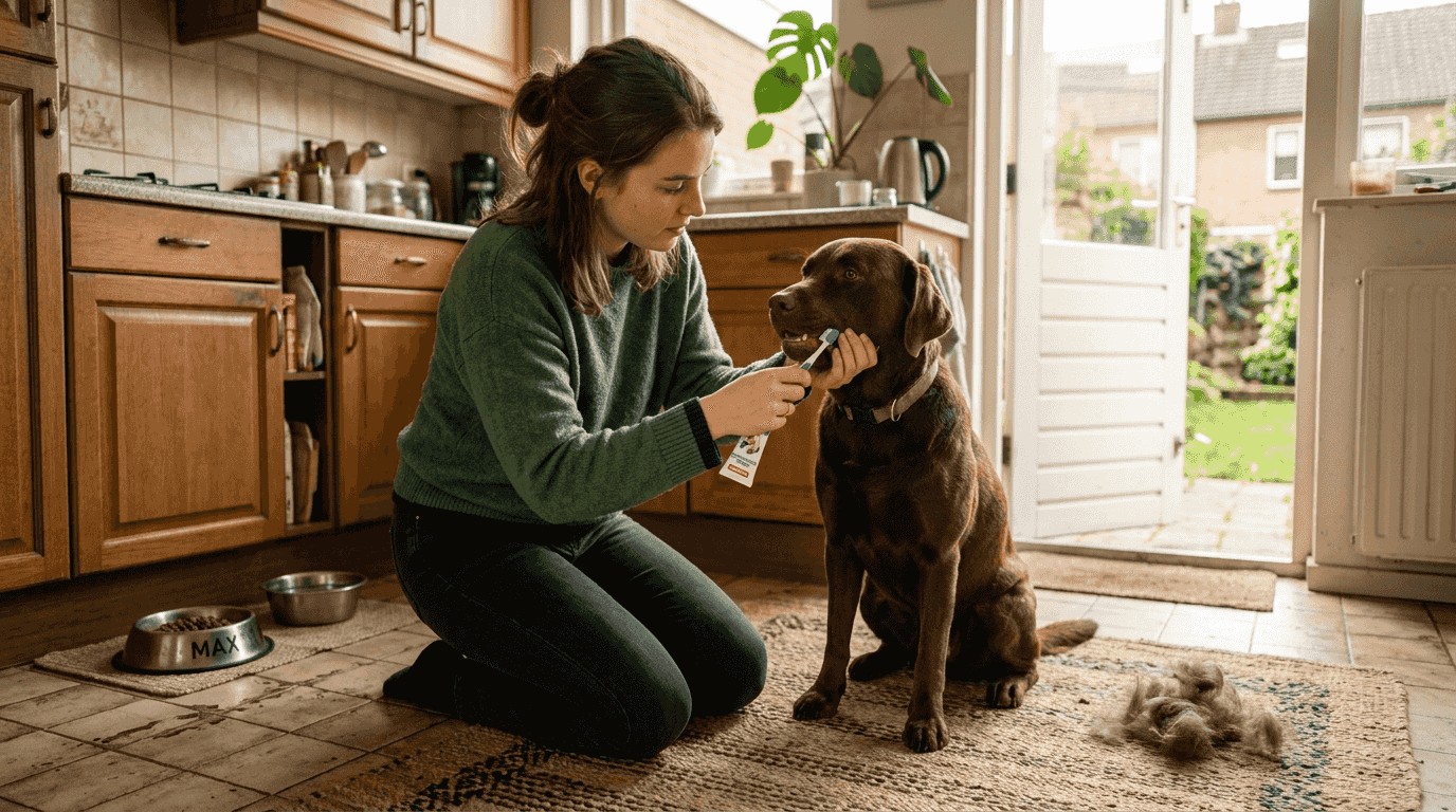In de keuken staat een vrouw rustig de tanden van haar hond te poetsen.