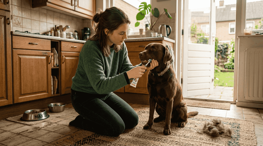 In de keuken staat een vrouw rustig de tanden van haar hond te poetsen.